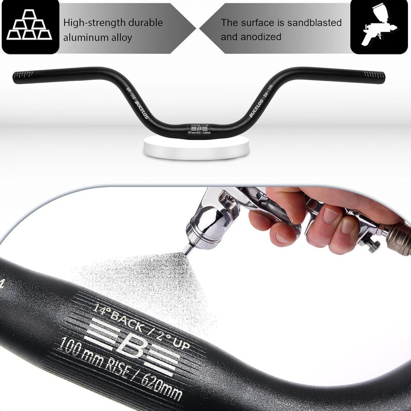 BUCKLOS Mountain Bike Handlebars 25.4mm - 20/100mm Rise MTB Aluminum Alloy Handlebar - 620/720mm Extra Long Bicycle Riser HandleBars for E-Bike Folding Bike Downhill Racing. - Image 2